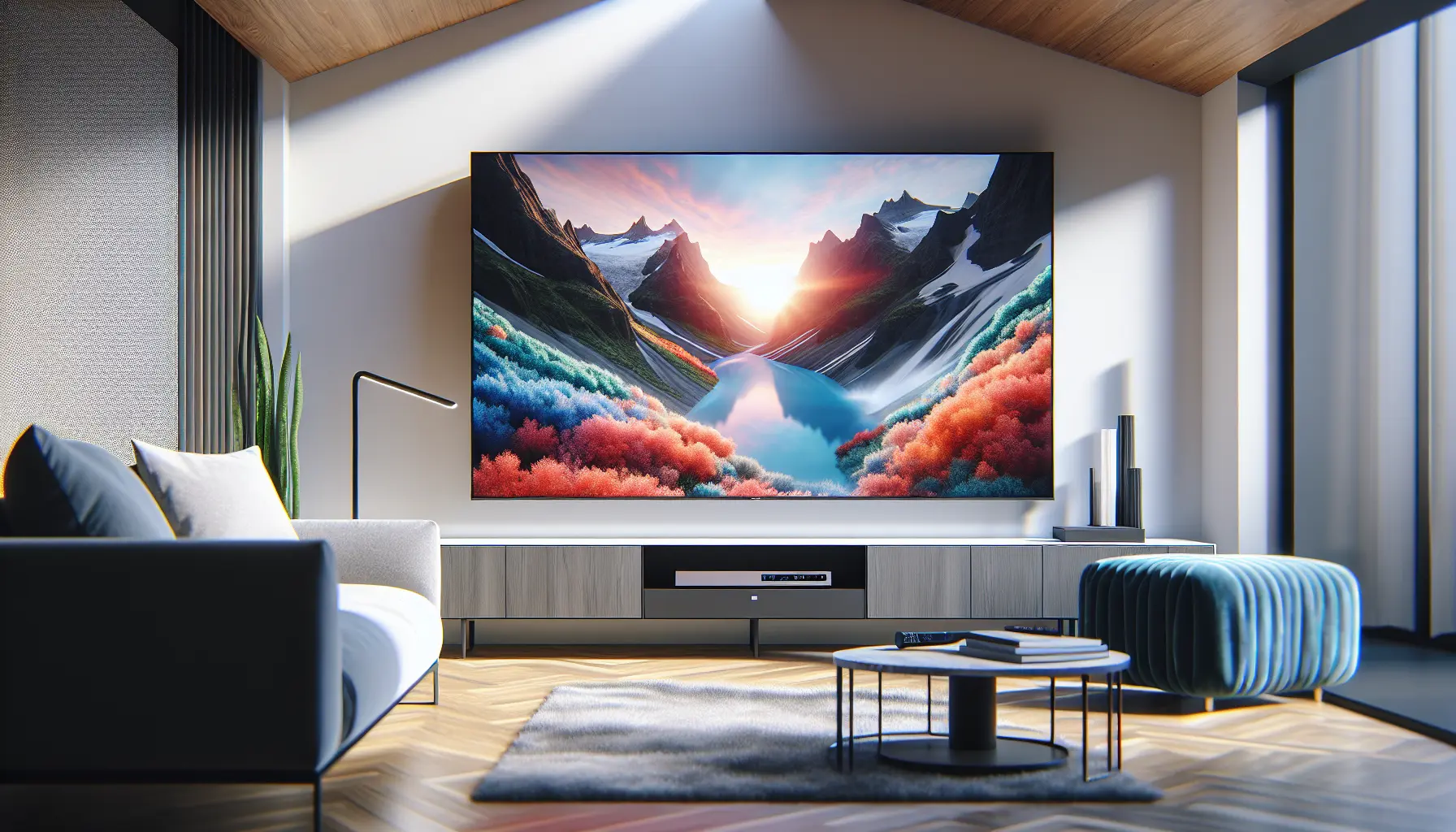 A sleek TV displaying a stunning, crystal-clear 4K nature stream in a modern living room.