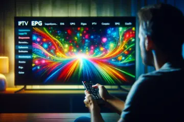 A person browsing a colorful TV guide on their screen, showcasing the IPTV provider's EPG function.