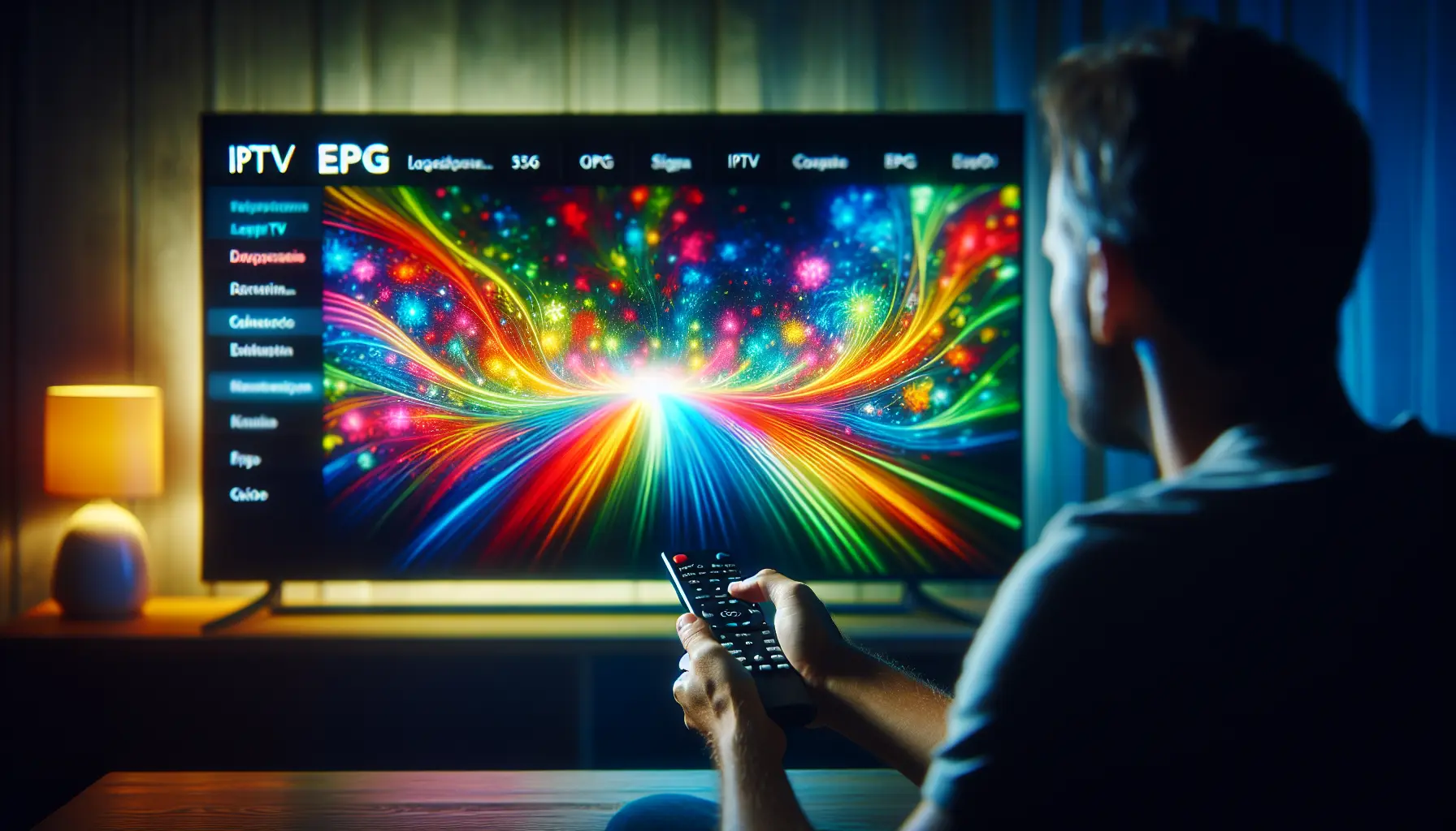 A person browsing a colorful TV guide on their screen, showcasing the IPTV provider's EPG function.