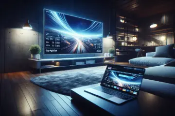 A modern living room at night, with a TV displaying IPTV channels and a laptop showing "Top-Anbieter 2025".