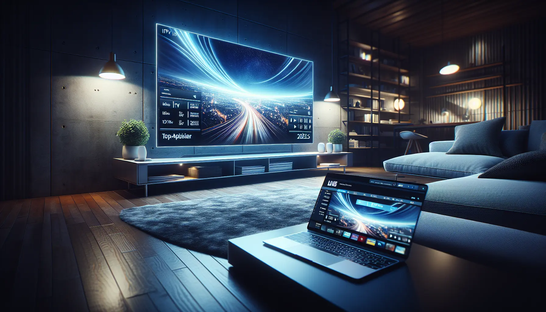 A modern living room at night, with a TV displaying IPTV channels and a laptop showing "Top-Anbieter 2025".