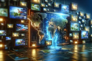 A sleek, high-tech cover for an IPTV service, featuring a glowing world map and a mosaic of international channels.