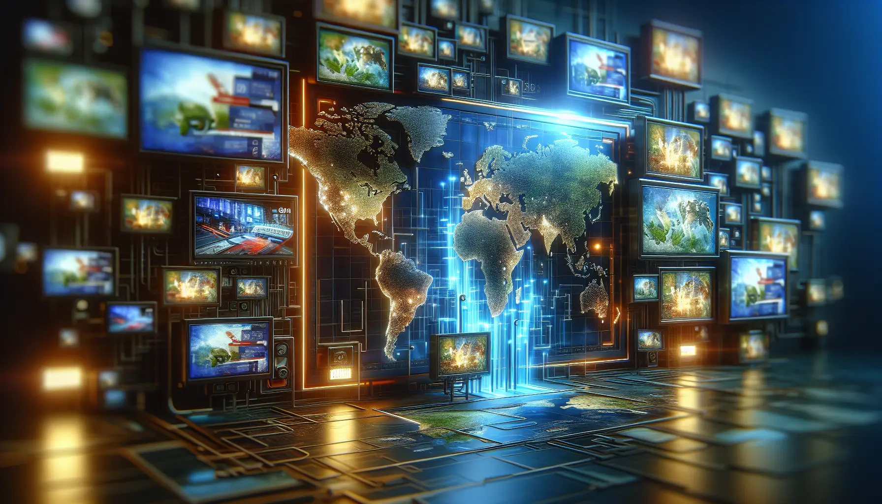 A sleek, high-tech cover for an IPTV service, featuring a glowing world map and a mosaic of international channels.