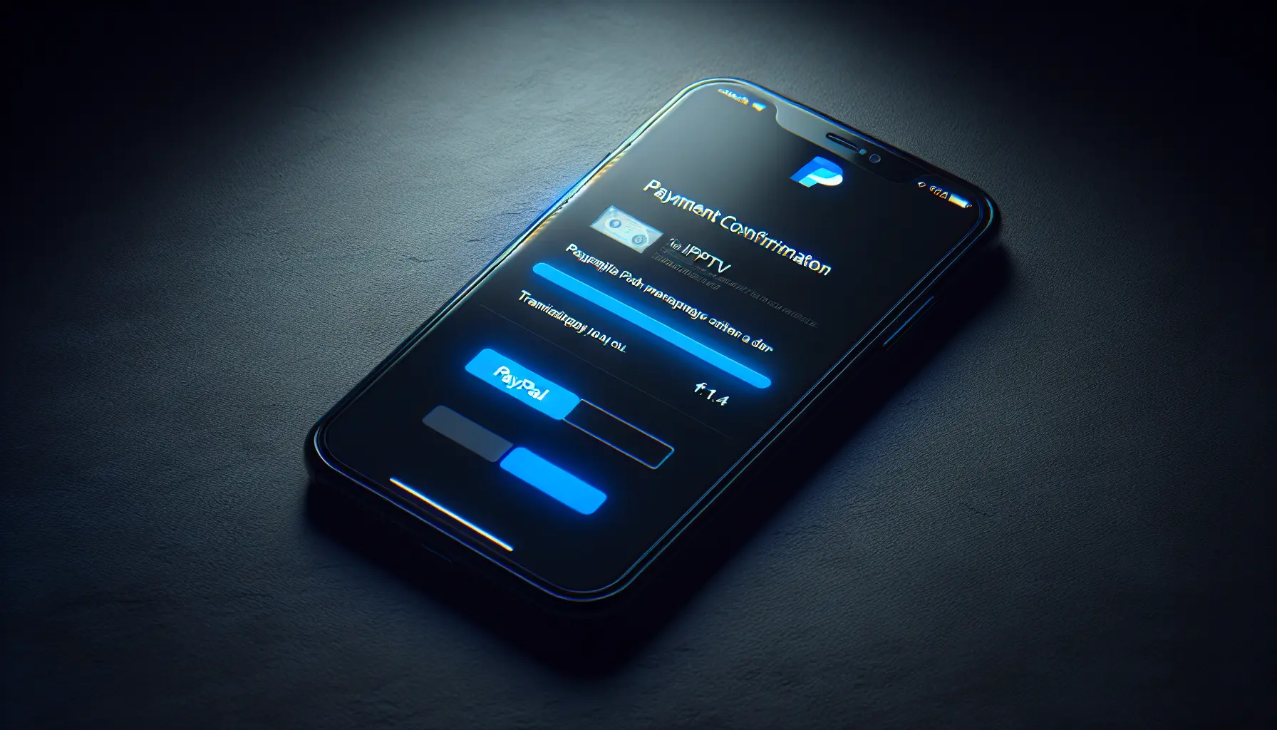 A smartphone on a dark surface, showing a PayPal payment confirmation for an IPTV service.