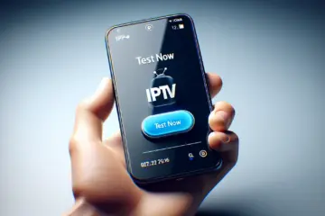 A smartphone showing a TV app with a prominent "Test Now" button, inviting users to try the IPTV service.