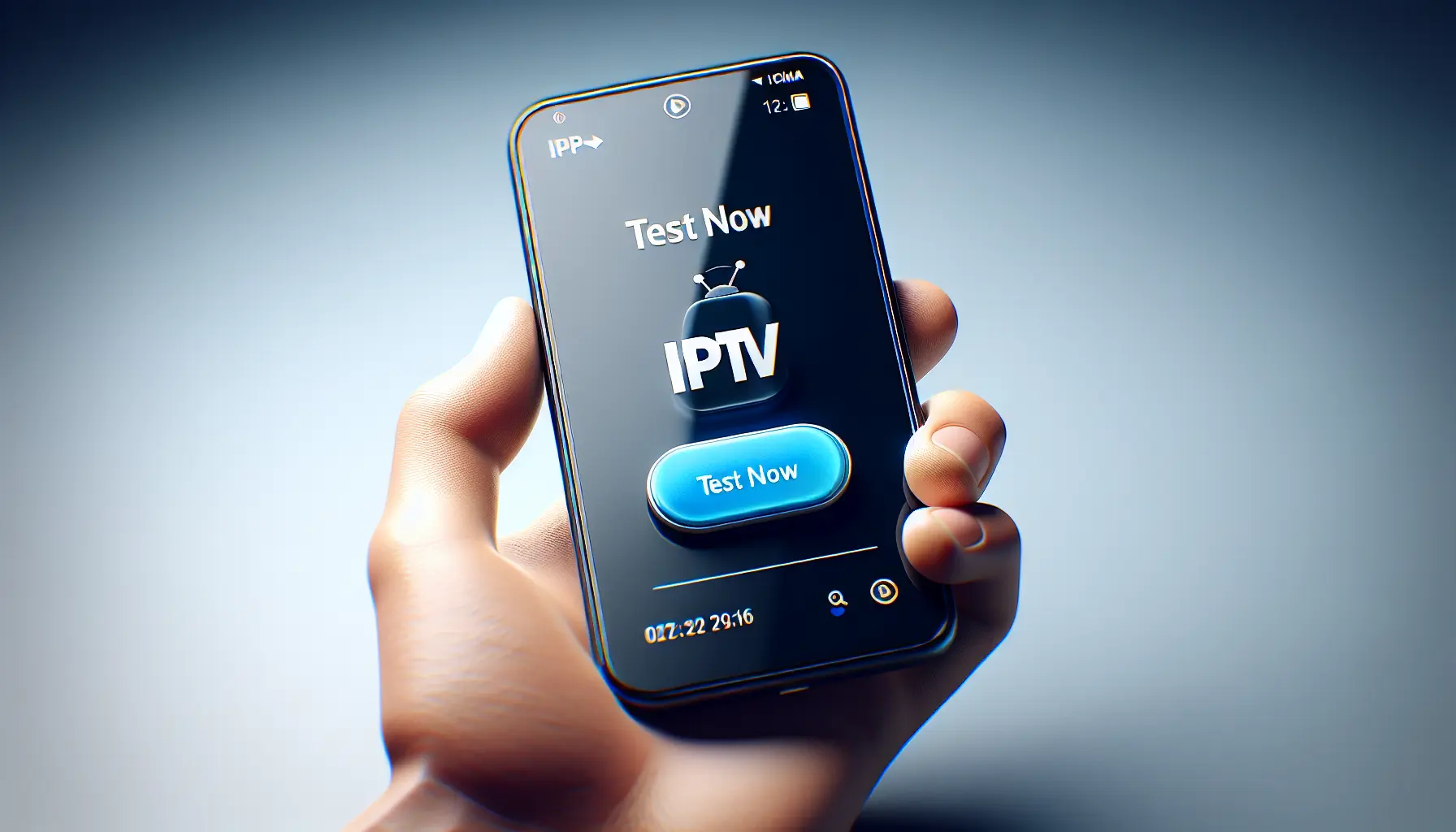 A smartphone showing a TV app with a prominent "Test Now" button, inviting users to try the IPTV service.