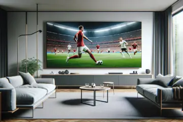 A modern German living room with a large TV displaying a crisp Bundesliga football match.