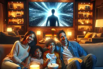 A happy, diverse family enjoying a movie night together on a large modern television in their cozy living room.
