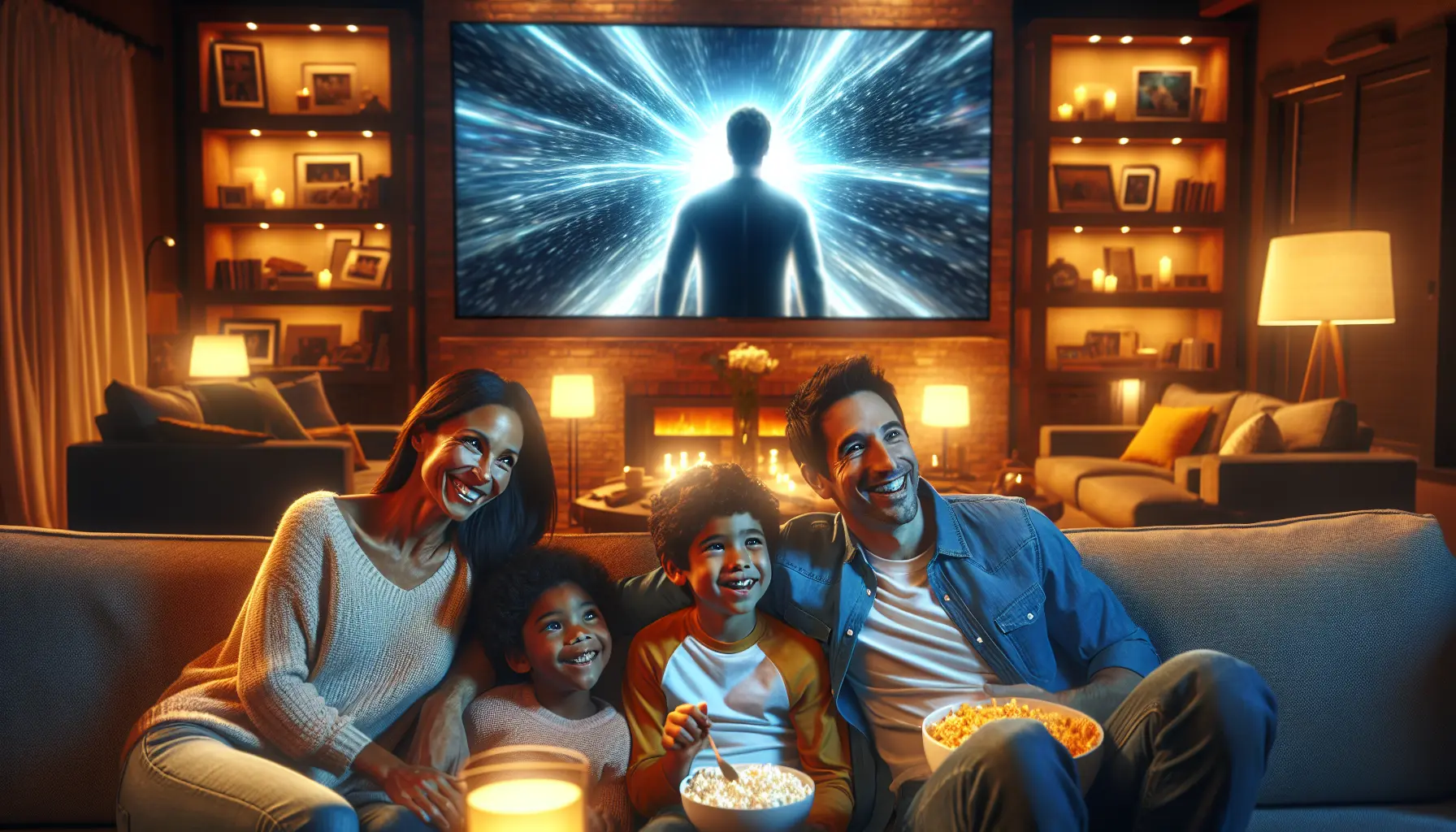 A happy, diverse family enjoying a movie night together on a large modern television in their cozy living room.