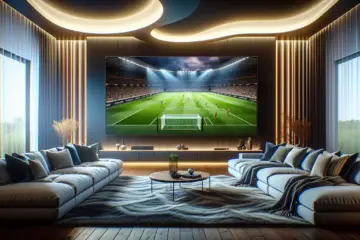A modern living room with a large TV showing a live Bundesliga football match in crisp 4K.