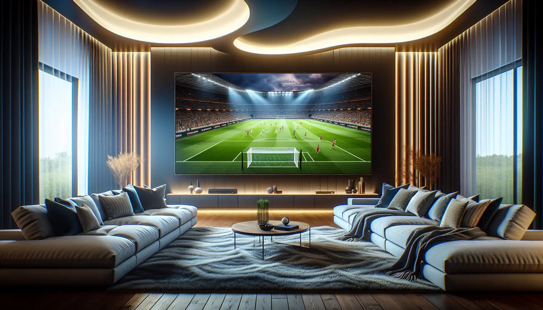 A modern living room with a large TV showing a live Bundesliga football match in crisp 4K.