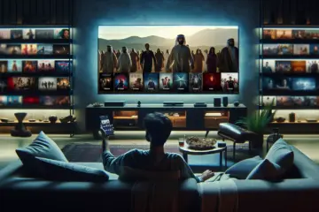 A person enjoys a vast library of movies and series streamed on their modern TV and smartphone in a cozy living room.