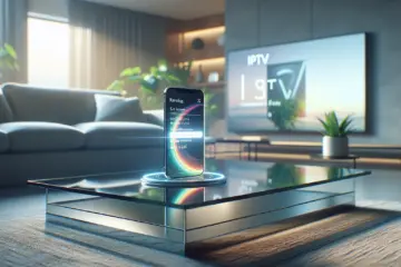 A modern living room scene showing a choice between renewing or switching an IPTV subscription on a smartphone.