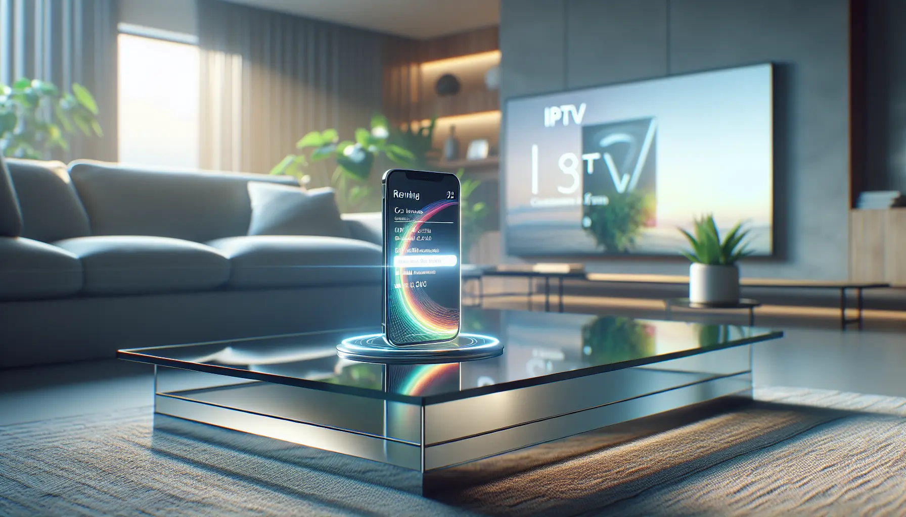 A modern living room scene showing a choice between renewing or switching an IPTV subscription on a smartphone.