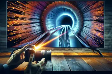 A glowing fiber optic cable delivers a perfectly sharp, stable 4K image on a TV screen.