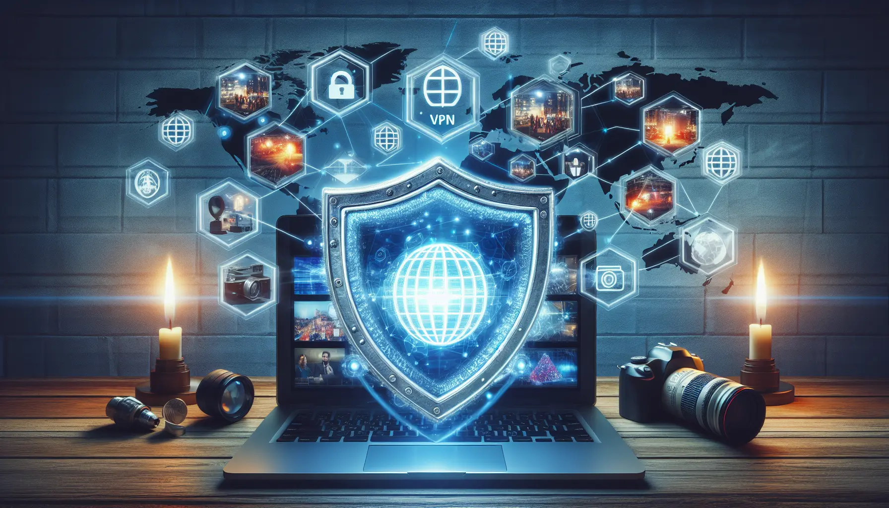 Secure IPTV streaming protected by a digital VPN shield for global access.