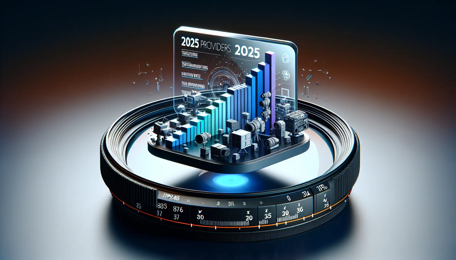 A 3D bar chart ranks top IPTV providers for 2025, displayed on a sleek, floating TV screen.