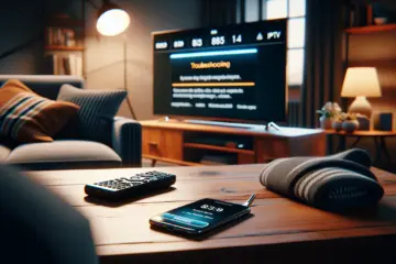 A TV displaying an error code, with a smartphone showing a troubleshooting guide for IPTV problems.