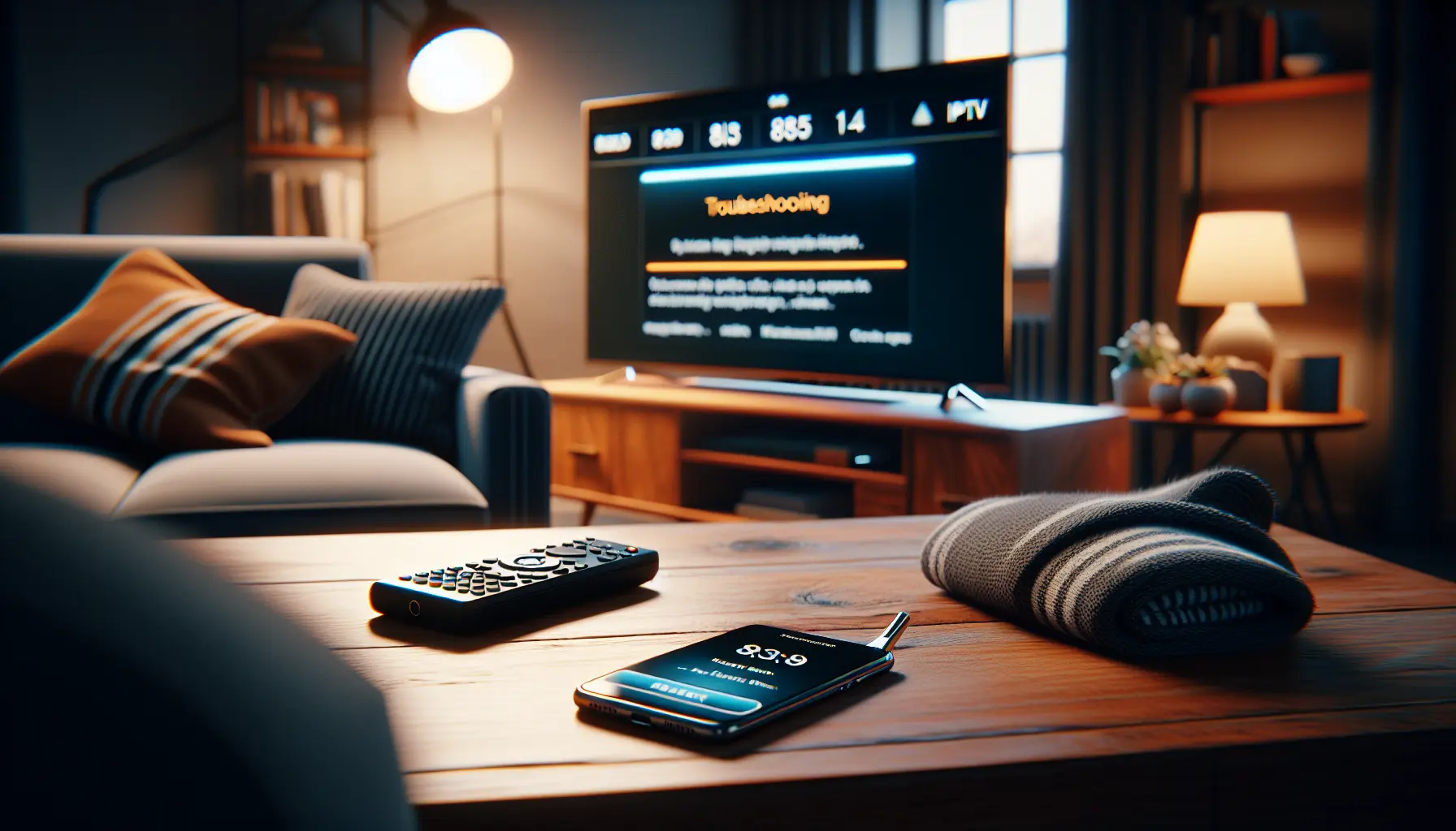 A TV displaying an error code, with a smartphone showing a troubleshooting guide for IPTV problems.