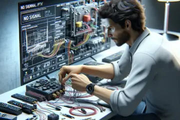 A person troubleshooting a "No Signal" IPTV error by checking cables and connections.