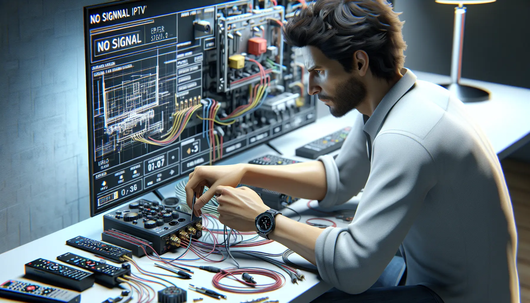 A person troubleshooting a "No Signal" IPTV error by checking cables and connections.