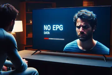 A frustrated viewer stares at a TV displaying a "No EPG Data" error message.