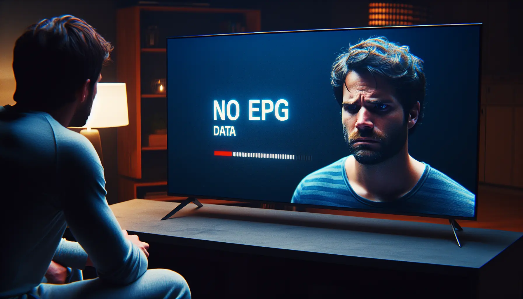 A frustrated viewer stares at a TV displaying a "No EPG Data" error message.
