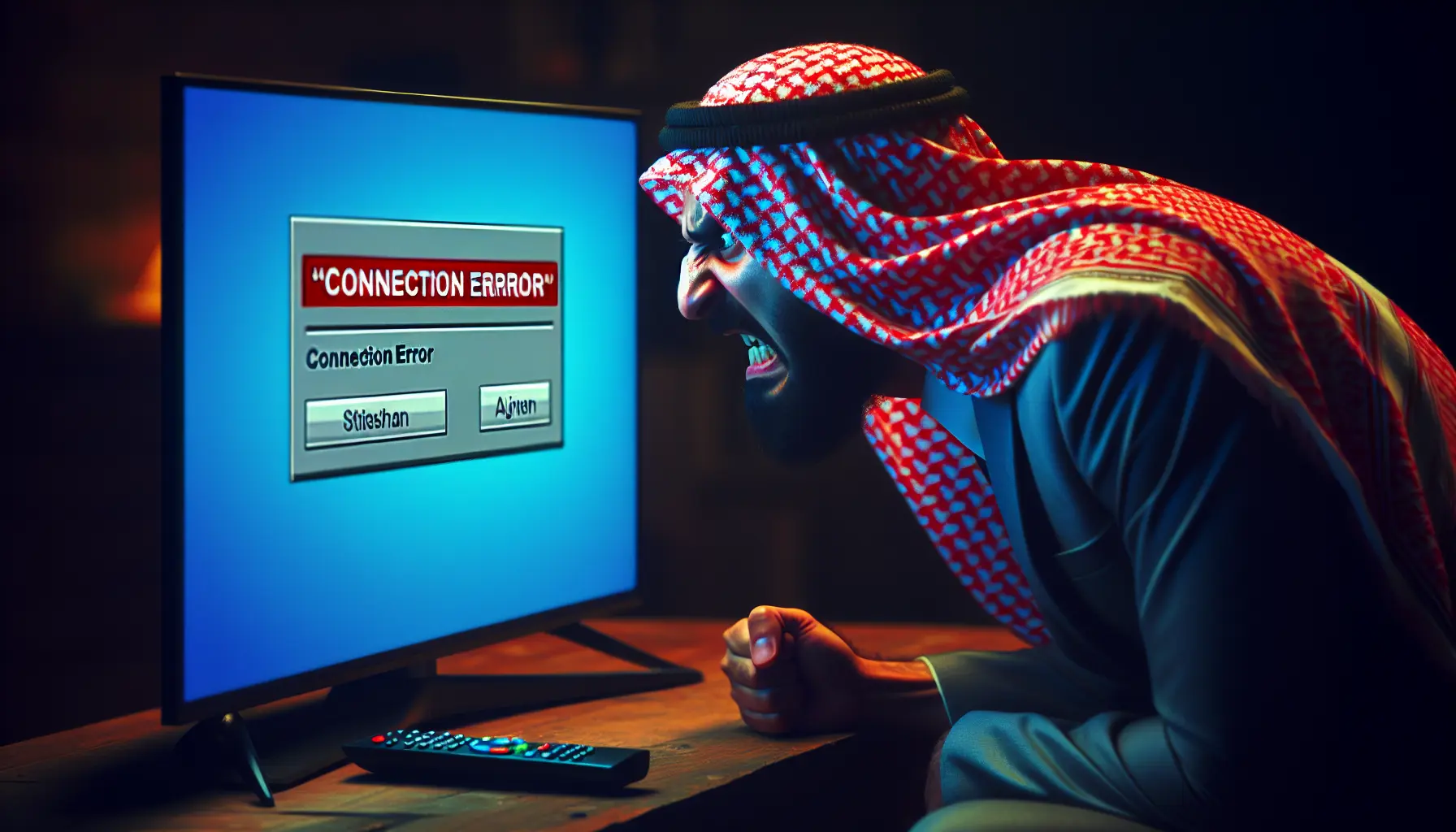 Frustrated viewer staring at a "Connection Error" message glowing on their television screen.