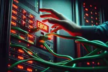 A server rack with a glowing red error light and a green cable being plugged in, symbolizing an IPTV problem and solution.