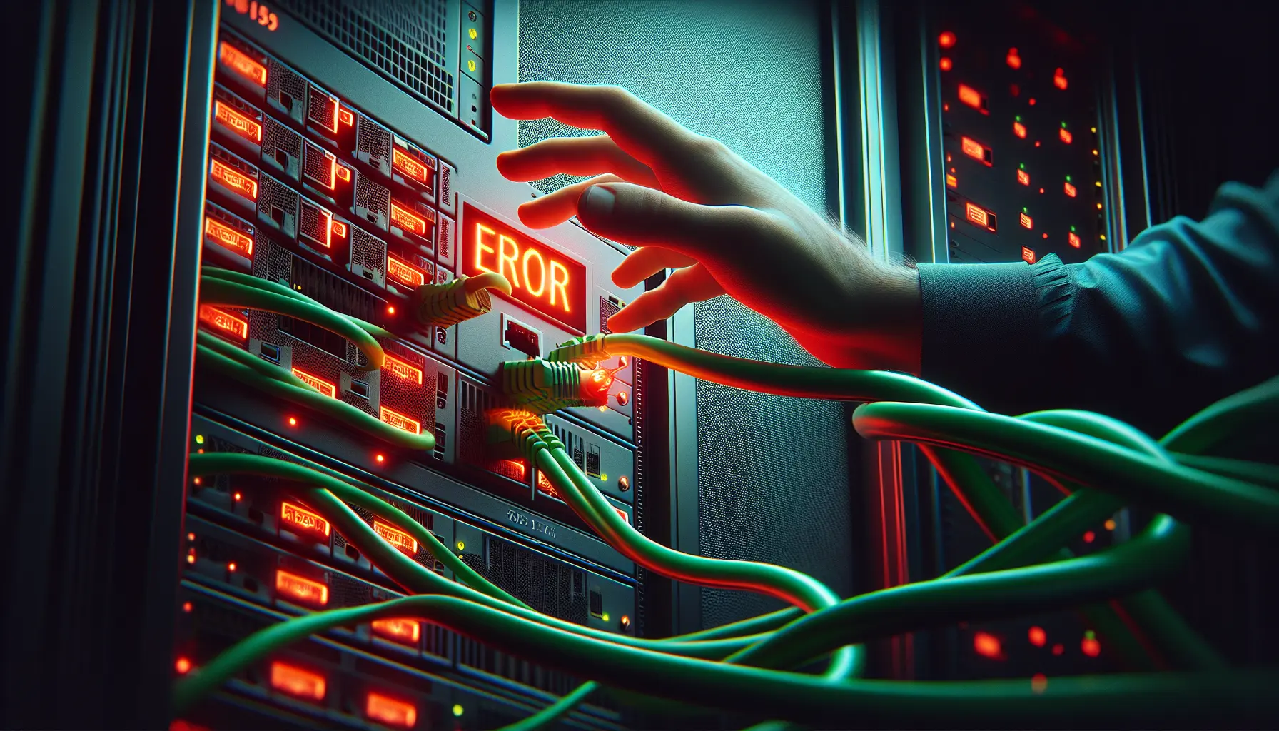 A server rack with a glowing red error light and a green cable being plugged in, symbolizing an IPTV problem and solution.