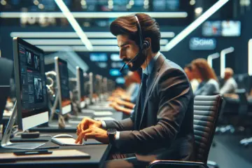 Professional IPTV support agent solving tech issues in a modern, high-tech customer service center.