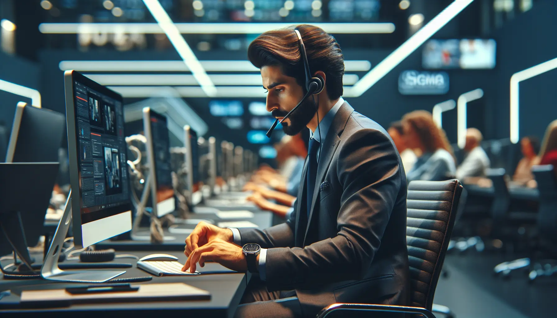 Professional IPTV support agent solving tech issues in a modern, high-tech customer service center.