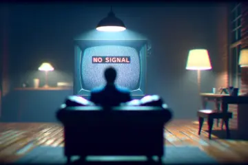 Frustrated viewer staring at a TV displaying a "No Signal" error message in a dark room.