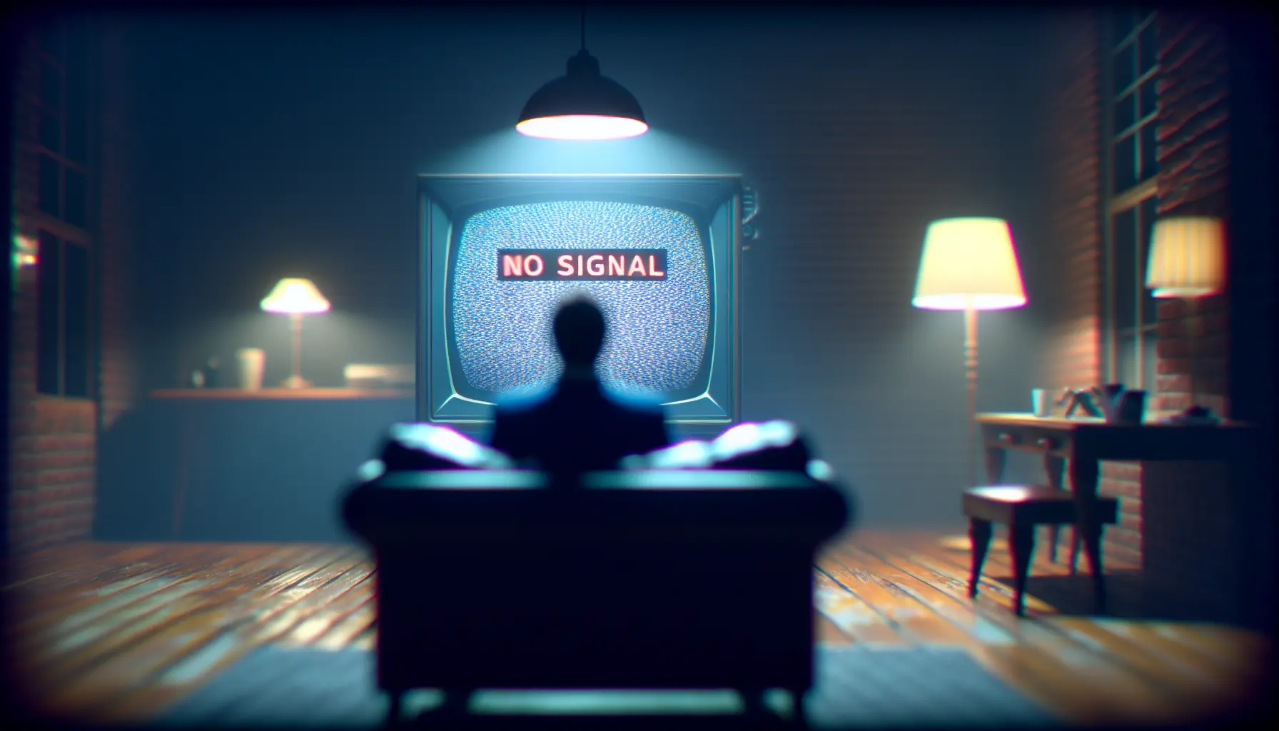 Frustrated viewer staring at a TV displaying a "No Signal" error message in a dark room.