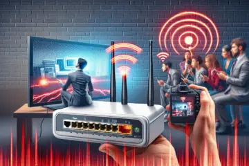 A Wi-Fi router with red digital waves, a frozen, pixelated TV screen, and a frustrated user checking their phone.