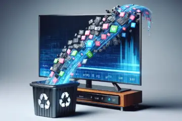 A smart TV with a stream of data icons flowing into a recycle bin, leaving a sharp, vibrant image on the screen.