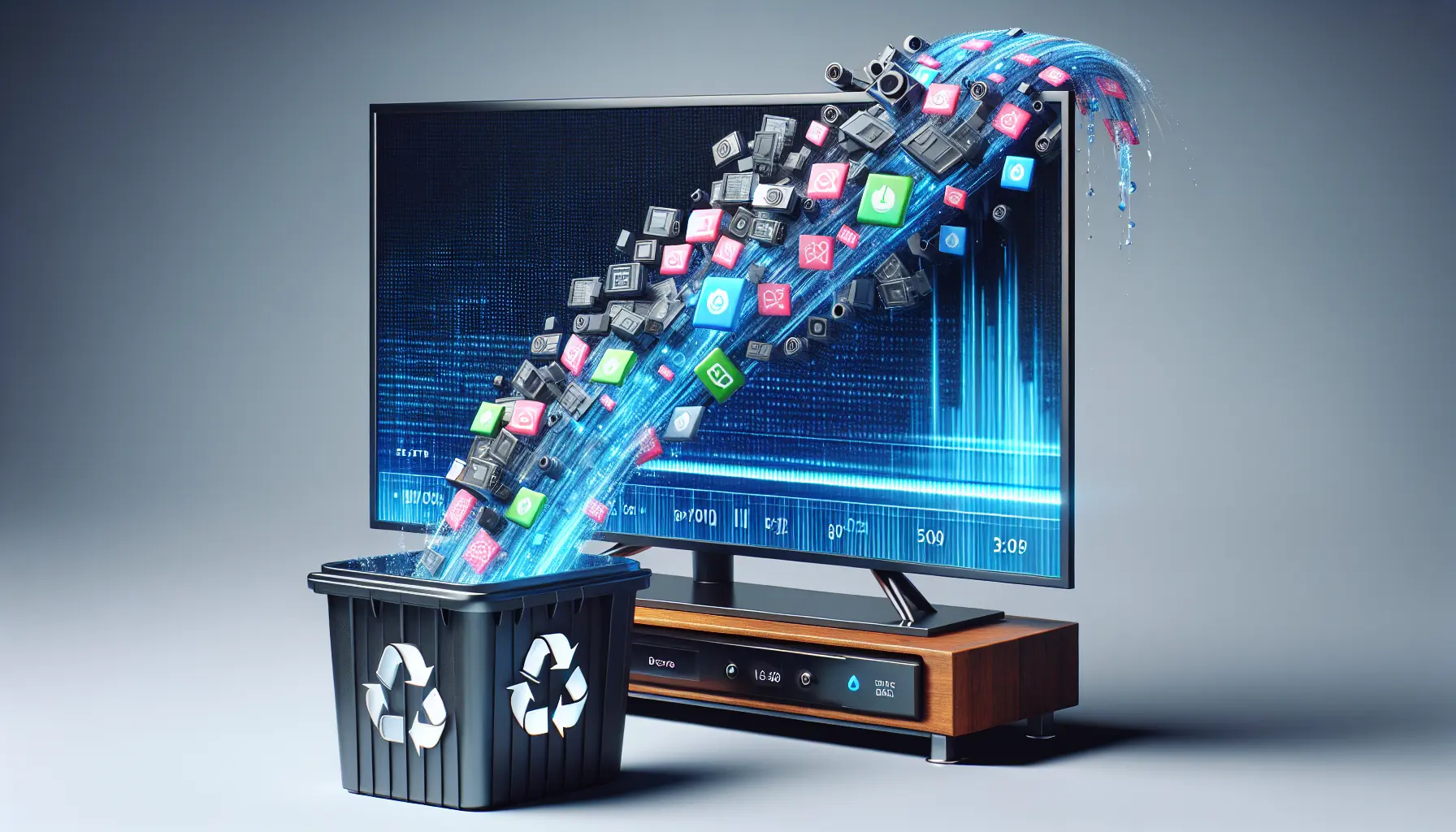 A smart TV with a stream of data icons flowing into a recycle bin, leaving a sharp, vibrant image on the screen.