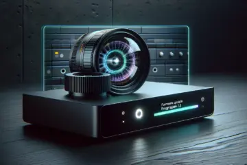 A sleek IPTV box with a holographic firmware update progress bar on a dark, modern desk.