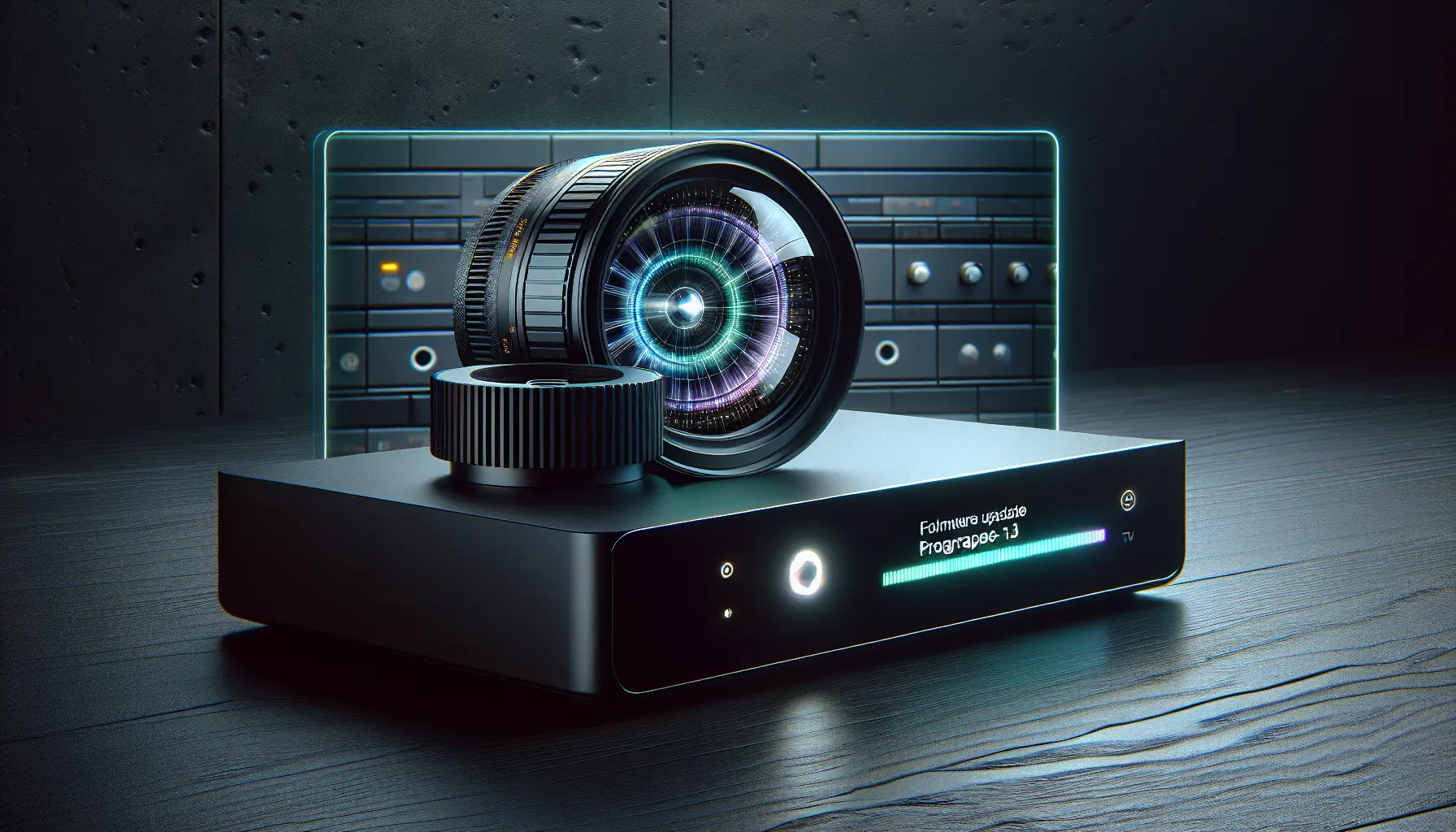 A sleek IPTV box with a holographic firmware update progress bar on a dark, modern desk.
