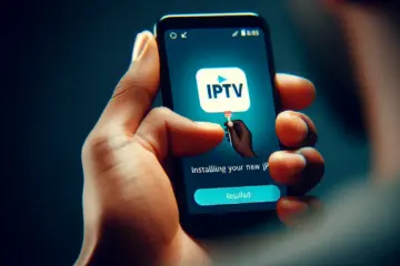A person's hand installing a new IPTV app on a smartphone.