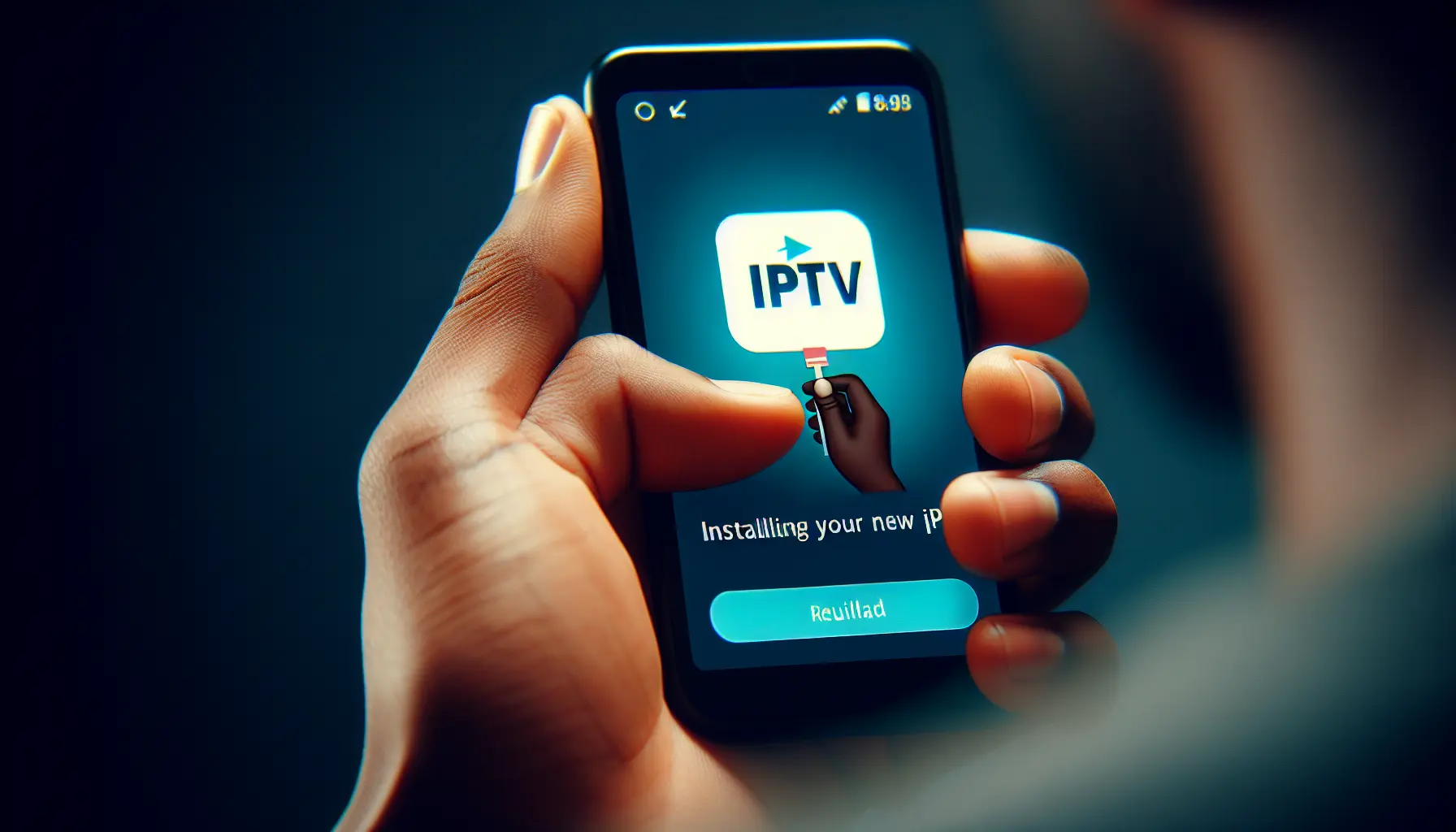 A person's hand installing a new IPTV app on a smartphone.