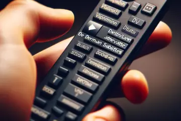 A hand using a remote to turn German subtitles on or off on a modern TV screen.