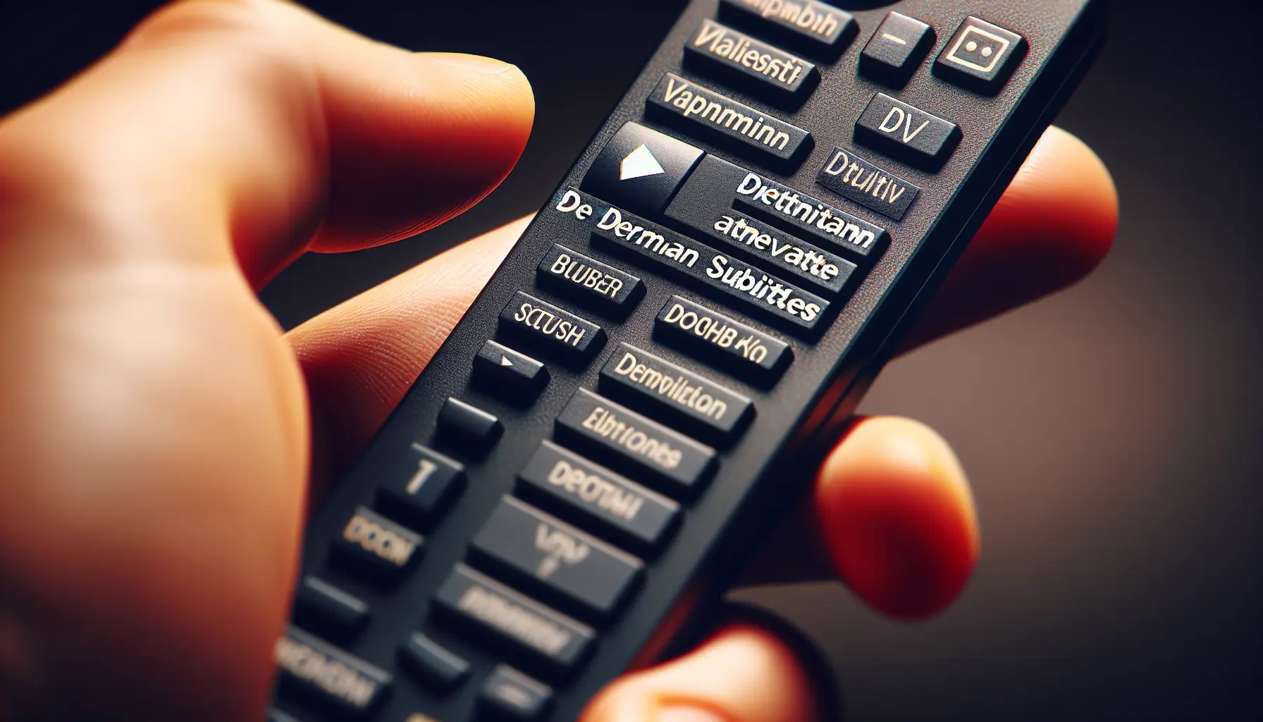 A hand using a remote to turn German subtitles on or off on a modern TV screen.