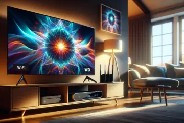 A modern living room with a crystal-clear 4K TV and a Wi-Fi router, symbolizing flawless IPTV streaming.