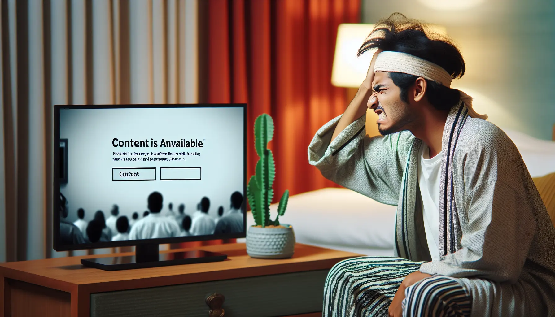 Frustrated traveler abroad sees a "Content Not Available" error on their hotel TV.