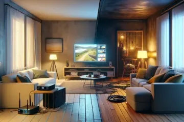 Compare IPTV streaming and cable TV setups in cozy living rooms.