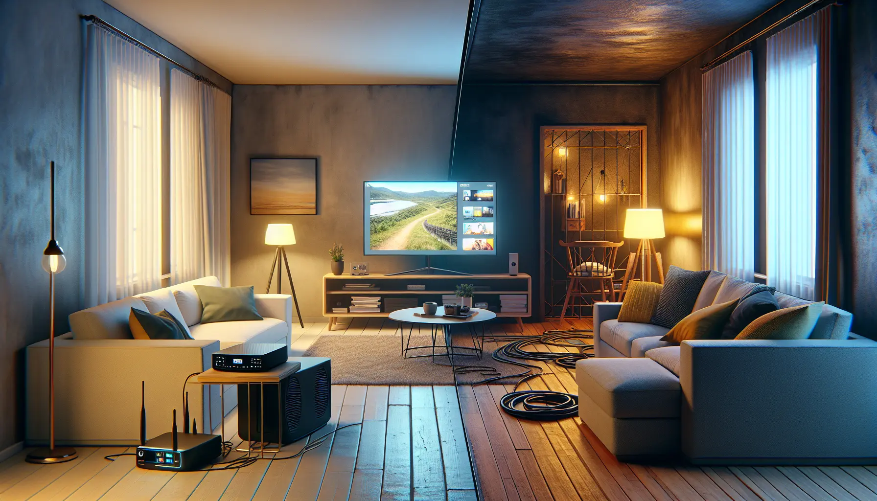 Compare IPTV streaming and cable TV setups in cozy living rooms.