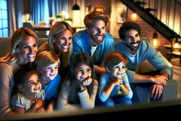 A happy, diverse family relaxing together while watching a large TV in their cozy, modern living room.