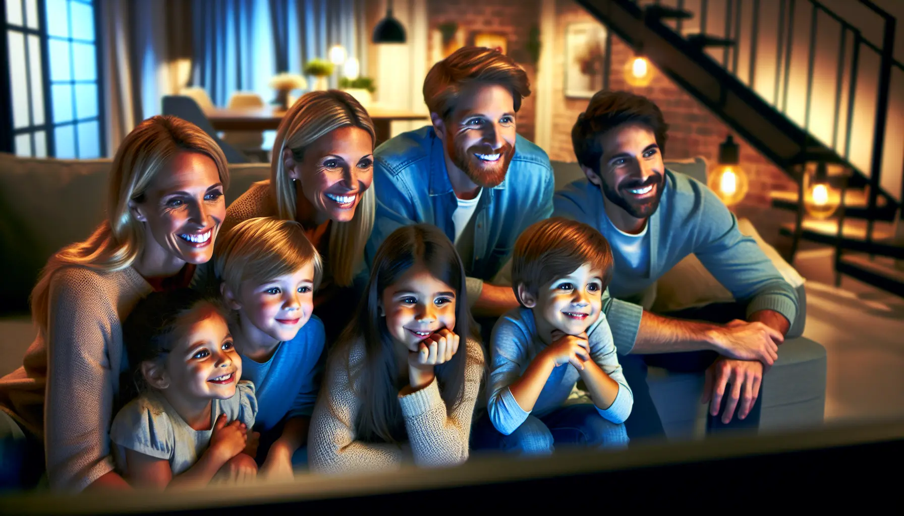 A happy, diverse family relaxing together while watching a large TV in their cozy, modern living room.