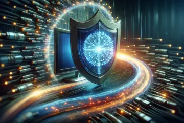 A glowing shield protecting a vibrant data stream flowing to a TV.